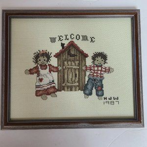 Vintage Cross Stitch Wall Hanging Completed 1980s Outhouse Welcome Kids Dolls